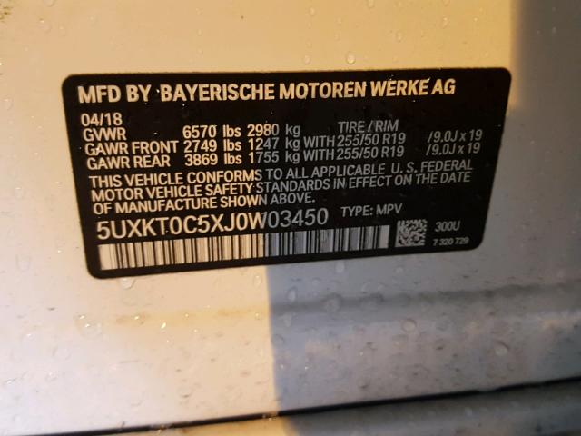 5UXKT0C5XJ0W03450 - 2018 BMW X5 XDR40E WHITE photo 10