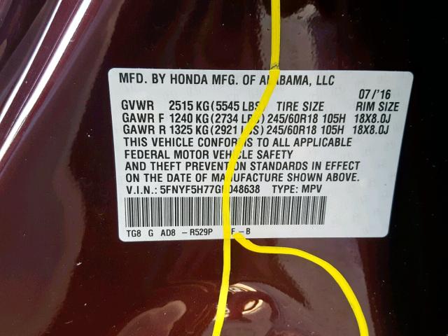 5FNYF5H77GB048638 - 2016 HONDA PILOT EXLN BURGUNDY photo 10