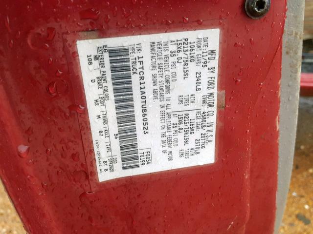1FTCR11A0TUB60523 - 1996 FORD RANGER RED photo 10