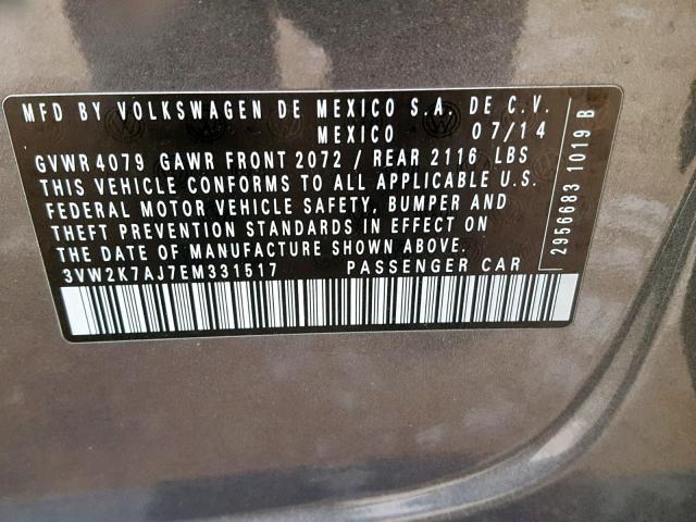 3VW2K7AJ7EM331517 - 2014 VOLKSWAGEN JETTA BASE GRAY photo 10