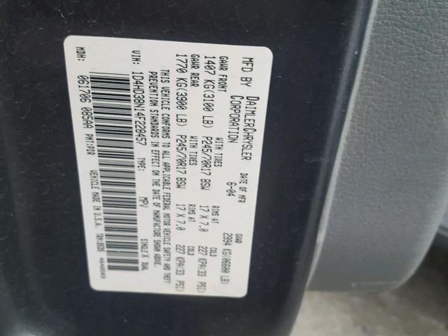 1D4HD38N14F228457 - 2004 DODGE DURANGO ST GRAY photo 10