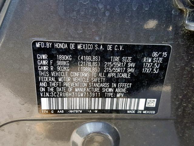 3CZRU6H31GM713911 - 2016 HONDA HR-V LX CHARCOAL photo 10