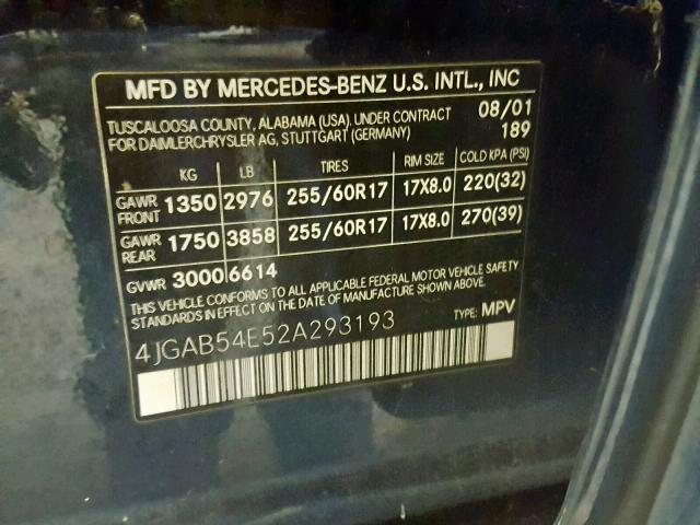 4JGAB54E52A293193 - 2002 MERCEDES-BENZ ML 320 BLUE photo 10