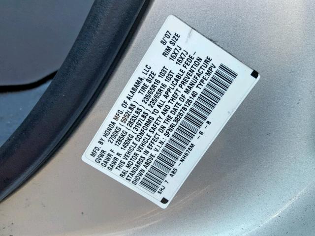 5FNRL38267B126140 - 2007 HONDA ODYSSEY LX SILVER photo 10