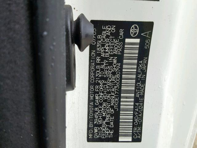 JTKDE177360080794 - 2006 TOYOTA SCION TC 白色 照片 10