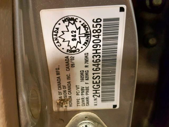 2HGES16463H904856 - 2003 HONDA CIVIC DX SILVER photo 10