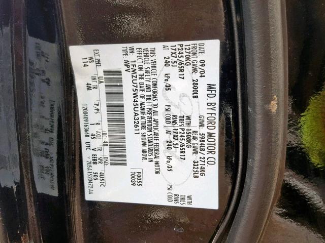 1FMZU75W45UA32611 - 2005 FORD EXPLORER L BLACK photo 10