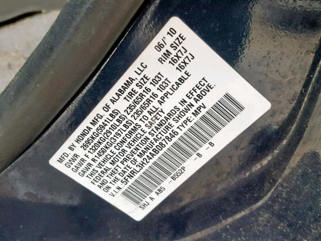 5FNRL3H24AB087846 - 2010 HONDA ODYSSEY LX BLUE photo 10