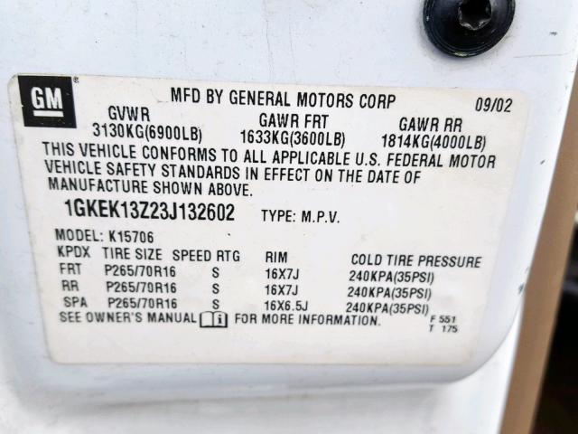 1GKEK13Z23J132602 - 2003 GMC YUKON WHITE photo 10