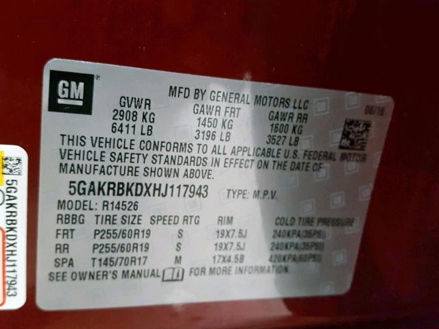 5GAKRBKDXHJ117943 - 2017 BUICK ENCLAVE RED photo 10
