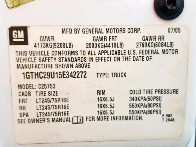 1GTHC29U15E342272 - 2005 GMC SIERRA C25 WHITE photo 10