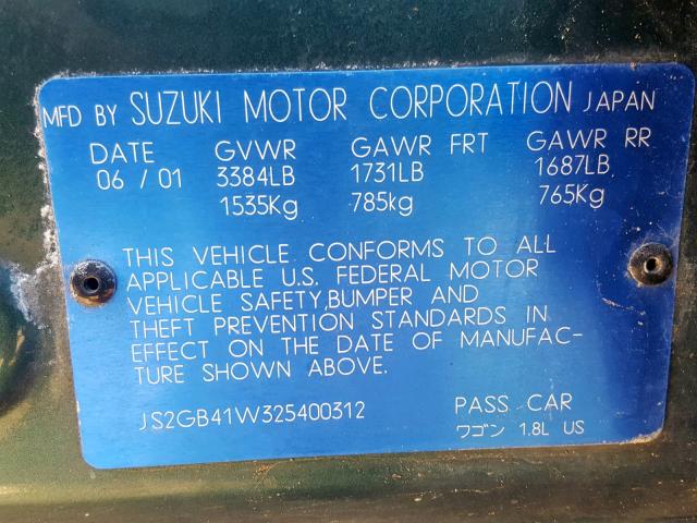 JS2GB41W325400312 - 2002 SUZUKI ESTEEM GL GREEN photo 10