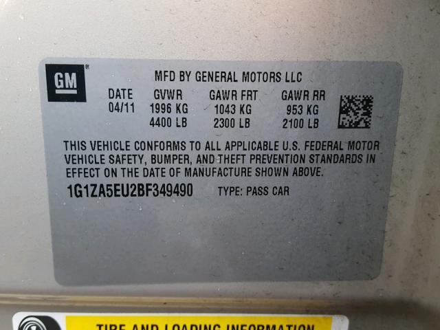 1G1ZA5EU2BF349490 - 2011 CHEVROLET MALIBU LS 米色 照片 10