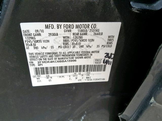 2FMDK4KC6BBA15996 - 2011 FORD EDGE LIMIT BLACK photo 10