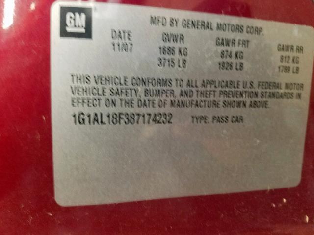 1G1AL18F387174232 - 2008 CHEVROLET COBALT LT RED photo 10