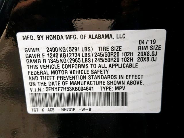 5FNYF7H53KB004641 - 2019 HONDA PASSPORT E BLACK photo 10