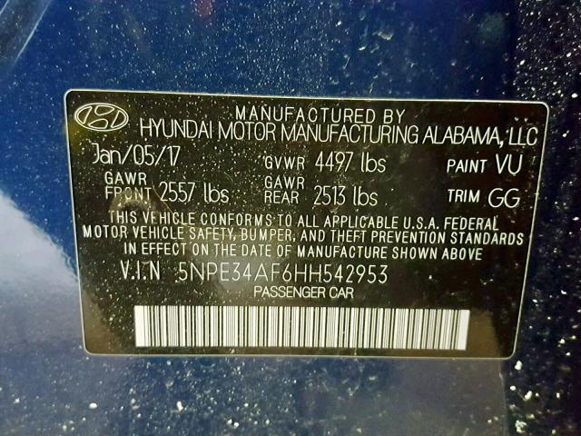 5NPE34AF6HH542953 - 2017 HYUNDAI SONATA SPO BLUE photo 10