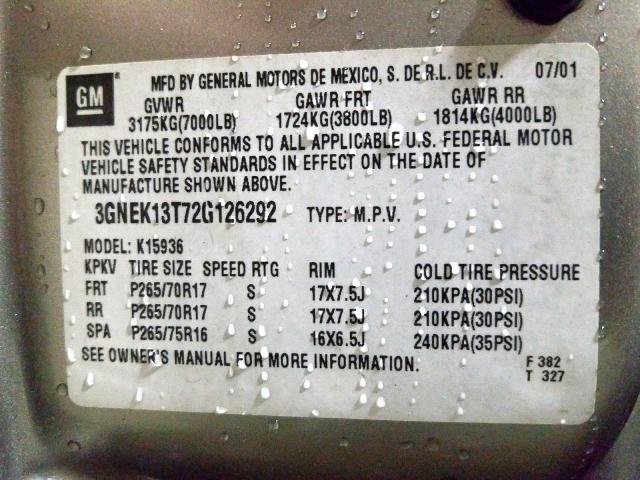 3GNEK13T72G126292 - 2002 CHEVROLET AVALANCHE TAN photo 10