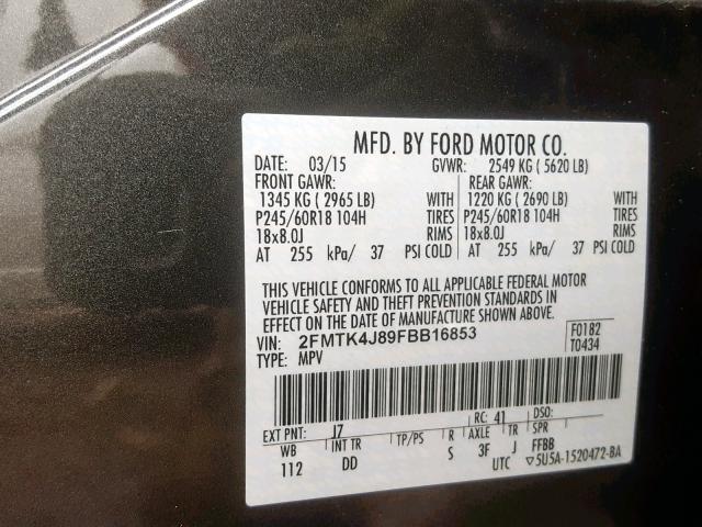 2FMTK4J89FBB16853 - 2015 FORD EDGE SEL GRAY photo 10