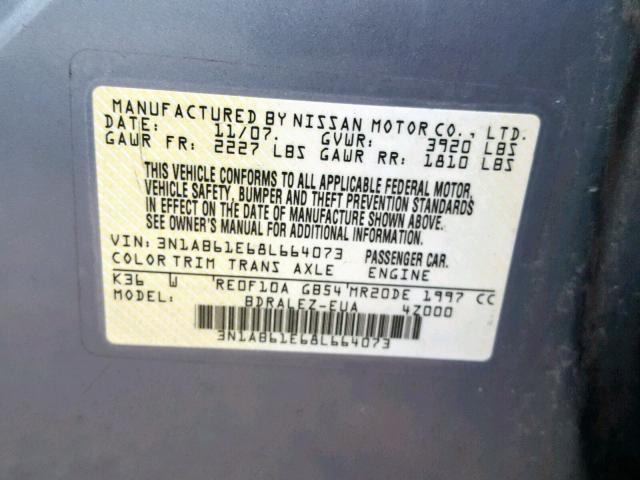 3N1AB61E68L664073 - 2008 NISSAN SENTRA 2.0 GRAY photo 10