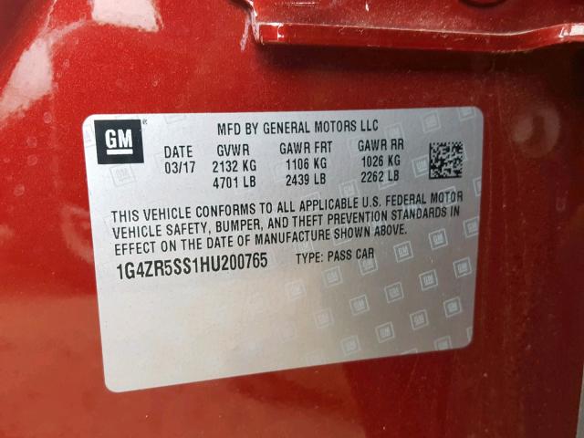 1G4ZR5SS1HU200765 - 2017 BUICK LACROSSE P RED photo 10