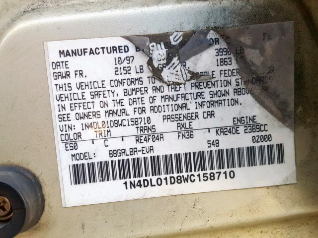 1N4DL01D8WC158710 - 1998 NISSAN ALTIMA XE GOLD photo 10