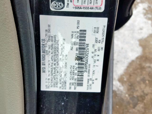 3FAHP0GA5CR235744 - 2012 FORD FUSION S BLACK photo 10