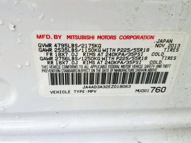 JA4AD3A32EZ018063 - 2014 MITSUBISHI OUTLANDER WHITE photo 10