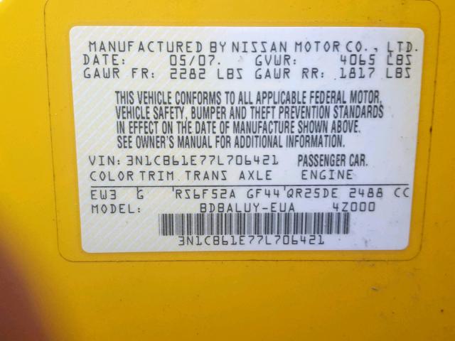 3N1CB61E77L706421 - 2007 NISSAN SENTRA SE- YELLOW photo 10