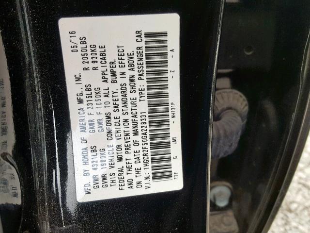 1HGCR2F50GA228331 - 2016 HONDA ACCORD SPO BLACK photo 10