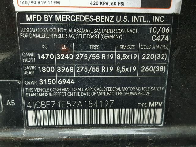 4JGBF71E57A184197 - 2007 MERCEDES-BENZ GL 450 4MA BLACK photo 10