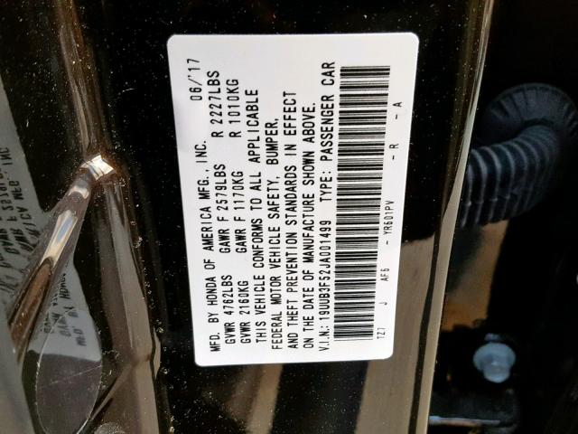 19UUB3F52JA001499 - 2018 ACURA TLX TECH BLACK photo 10