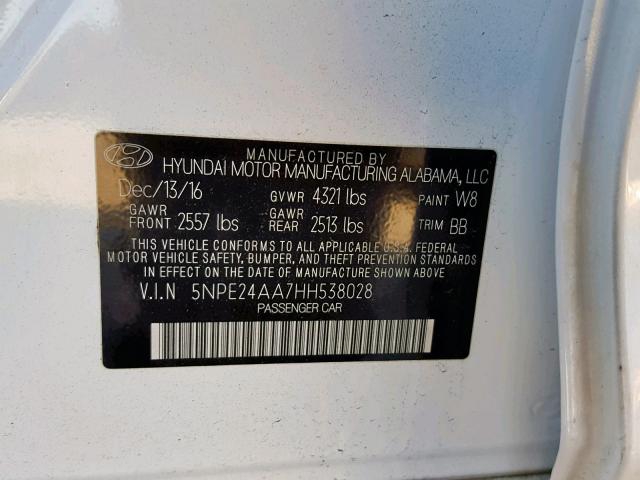 5NPE24AA7HH538028 - 2017 HYUNDAI SONATA ECO WHITE photo 10