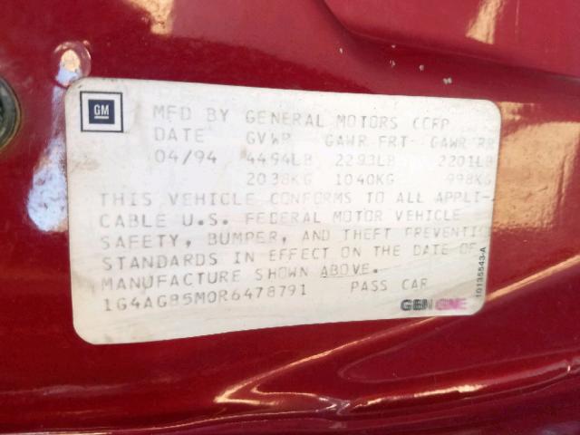 1G4AG85M0R6478791 - 1994 BUICK CENTURY SP BURGUNDY photo 10