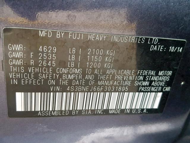 4S3BNEJ66F3031805 - 2015 SUBARU LEGACY 3.6 GRAY photo 10