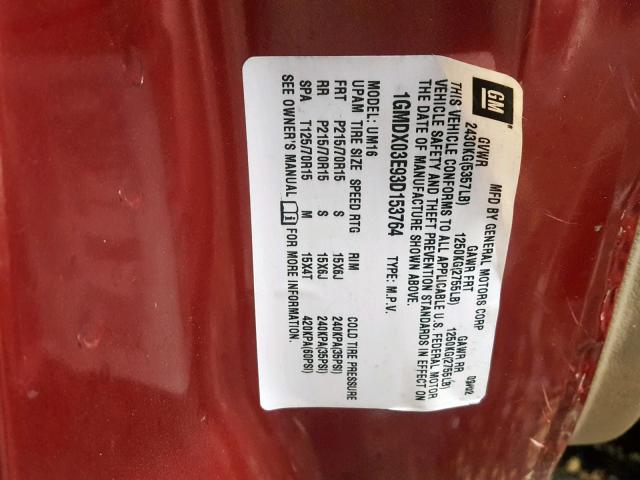 1GMDX03E93D153764 - 2003 PONTIAC MONTANA BURGUNDY photo 10