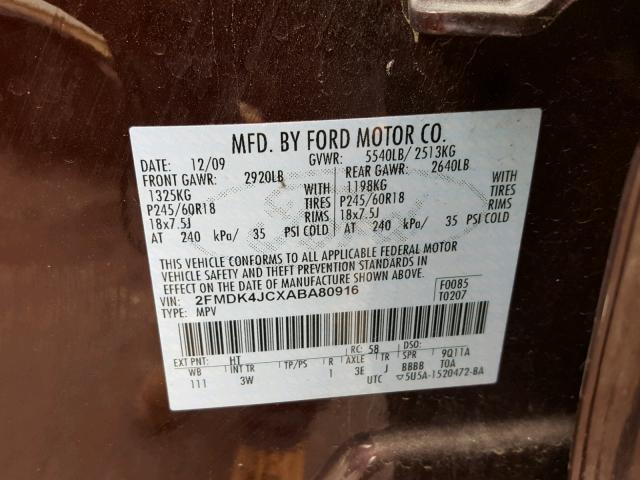 2FMDK4JCXABA80916 - 2010 FORD EDGE SEL MAROON photo 10