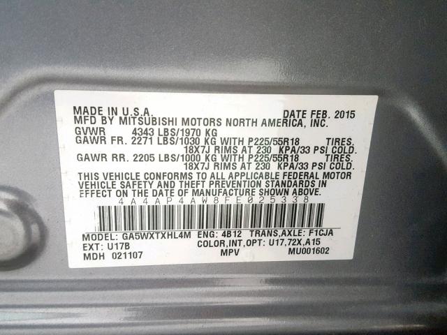 4A4AP4AW8FE025338 - 2015 MITSUBISHI OUTLANDER SILVER photo 10