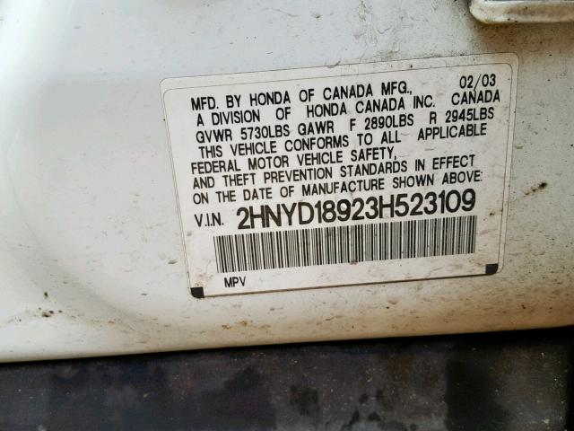 2HNYD18923H523109 - 2003 ACURA MDX TOURIN WHITE photo 10