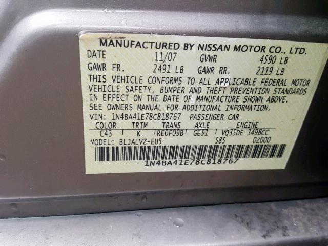 1N4BA41E78C818767 - 2008 NISSAN MAXIMA SE GOLD photo 10