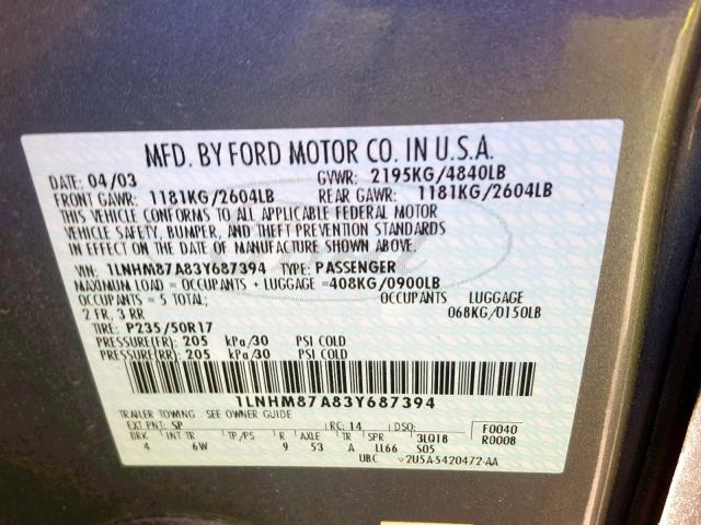 1LNHM87A83Y687394 - 2003 LINCOLN LS BLUE photo 10