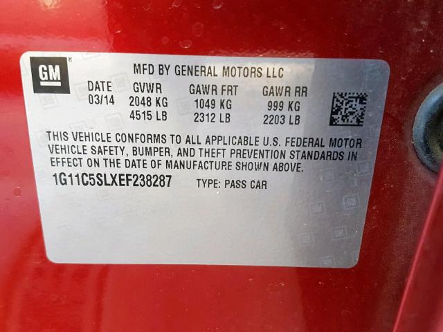 1G11C5SLXEF238287 - 2014 CHEVROLET MALIBU 1LT RED photo 10