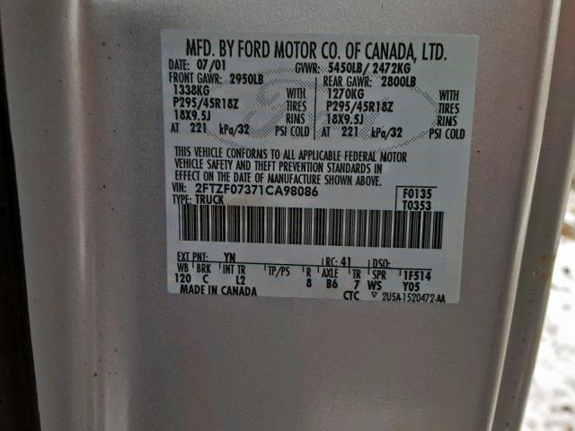 2FTZF07371CA98086 - 2001 FORD F150 SVT L SILVER photo 10