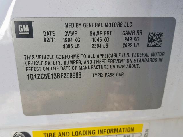 1G1ZC5E13BF298968 - 2011 CHEVROLET MALIBU 1LT 白色 照片 10