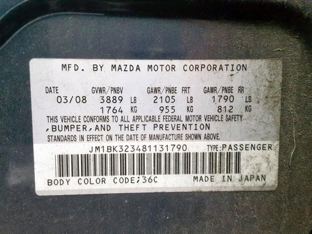 JM1BK323481131790 - 2008 MAZDA 3 S CHARCOAL photo 10