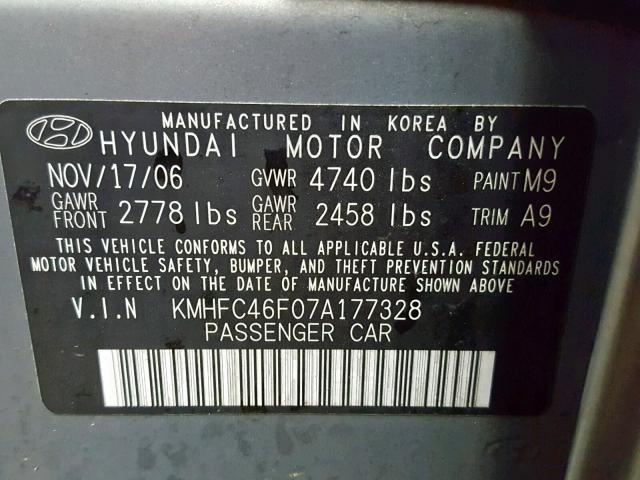 KMHFC46F07A177328 - 2007 HYUNDAI AZERA SE GREEN photo 10