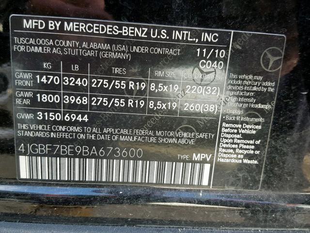 4JGBF7BE9BA673600 - 2011 MERCEDES-BENZ GL 450 4MA BLACK photo 10