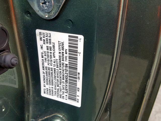 5J6YH18645L010184 - 2005 HONDA ELEMENT EX GREEN photo 10