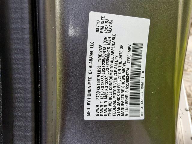 5FNRL6H22JB034774 - 2018 HONDA ODYSSEY LX GRAY photo 10