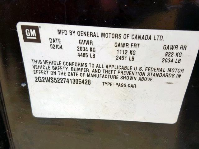 2G2WS522741305428 - 2004 PONTIAC GRAND PRIX BLACK photo 10